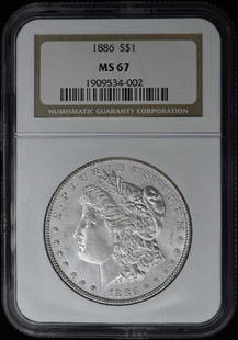1886 Morgan Dollar S$1 NGC MS67 Uncirculated Philadelphia Coin: 1886 Morgan Dollar S$1 NGC MS67 Uncirculated Philadelphia Coin This 1886 Morgan Dollar is certified by NGC with a grade of MS67, indicating its uncirculated condition. Minted in Philadelphia, this