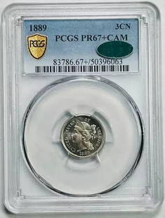 1889 Three Cent Nickel Coin PCGS PR 67+ CAM CAC Certified: 1889 Three Cent Nickel Coin PCGS PR 67+ CAM CAC Certified This 1889 Three Cent Piece (Nickel) is a stunning example of numismatic artistry, graded PR 67+ by PCGS and certified by CAC. Known for its