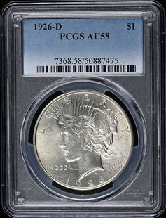 1926-D Peace Dollar AU58 Certified by PCGS Denver Mint: 1926-D Peace Dollar AU58 Certified by PCGS Denver Mint This 1926-D Peace Dollar is a stunning piece of numismatic history. Certified by PCGS with a grade of AU58, this silver dollar showcases its