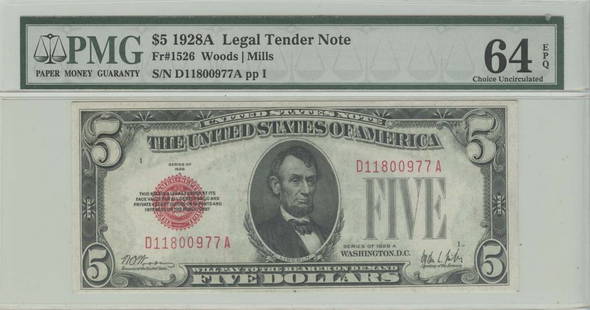 1928A $5 Legal Tender Note PMG MS64 Uncirculated FR#1526: 1928A $5 Legal Tender Note PMG MS64 Uncirculated FR#1526 This 1928A $5 Legal Tender Note is certified by PMG with a grade of MS64, indicating its exceptional quality. It is in uncirculated condition,