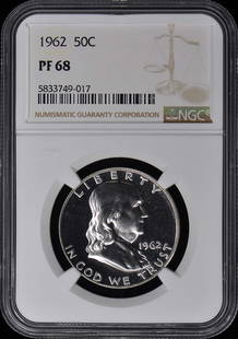 1962 NGC PR68 Franklin Half Dollar Uncirculated Proof Coin: 1962 NGC PR68 Franklin Half Dollar Uncirculated Proof Coin This 1962 Franklin Half Dollar is certified by NGC with a remarkable PR68 grade, indicating its high quality and uncirculated condition.