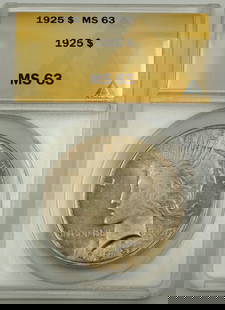 1925 Silver Peace Dollar ANACS MS 63 Uncirculated Coin: 1925 Silver Peace Dollar ANACS MS 63 Uncirculated Coin This 1925 Silver Peace Dollar is a remarkable example of American coinage, certified by ANACS with a grade of MS 63, indicating its uncirculated