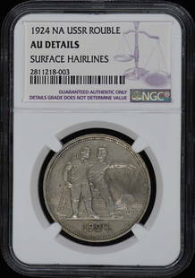 1924 NA USSR Y-90.1 Rouble NGC AU Details Coin: 1924 NA USSR Y-90.1 Rouble NGC AU Details Coin This 1924 NA USSR Y-90.1 Rouble is certified by NGC with a grade of AU Details, indicating its excellent condition despite being pre-owned. The coin is u