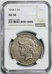 1934 S Peace Dollar NGC AU 50 Silver Coin: 1934 S Peace Dollar NGC AU 50 Silver Coin This 1934 S Peace Dollar is a remarkable piece of numismatic history, certified by NGC with an AU 50 grade. Minted in San Francisco, this silver dollar showca