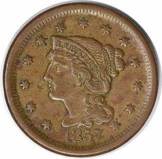 1857 Large Cent AU Braided Hair Copper Coin Philadelphia Mint: 1857 Large Cent AU Braided Hair Copper Coin Philadelphia Mint This 1857 Large Cent features the Braided Hair design and is in AU condition, indicating it has been circulated with minimal wear. Struck