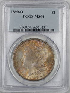 1899-O Morgan Silver Dollar PCGS MS 64 Uncirculated Toned Coin: 1899-O Morgan Silver Dollar PCGS MS 64 Uncirculated Toned Coin This stunning 1899-O Morgan Silver Dollar is graded MS 64 by PCGS, showcasing its uncirculated condition and beautiful toning. Minted in