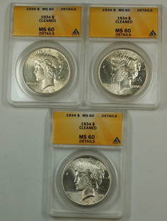 1934 Peace Silver Dollar ANACS MS-60 Uncirculated Philadelphia Coin: 1934 Peace Silver Dollar ANACS MS-60 Uncirculated Philadelphia Coin This 1934 Peace Silver Dollar features a grade of MS-60 Details and has been certified by ANACS. Struck in Philadelphia, this uncirc