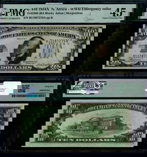 $10 1934-A North Africa Note PMG XF45 Choice Collectible Currency: $10 1934-A North Africa Note PMG XF45 Choice Collectible Currency This $10 North Africa Note from the year 1934-A is a remarkable piece of history, graded as Choice XF45 by PMG. As a circulated note,