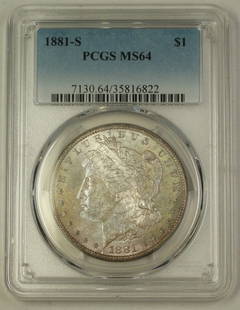 1881-S Morgan Silver Dollar PCGS MS 64 Uncirculated Toned Coin: 1881-S Morgan Silver Dollar PCGS MS 64 Uncirculated Toned Coin This stunning 1881-S US Morgan Silver Dollar is an uncirculated coin certified by PCGS with a grade of MS 64. Struck at the San Francisco