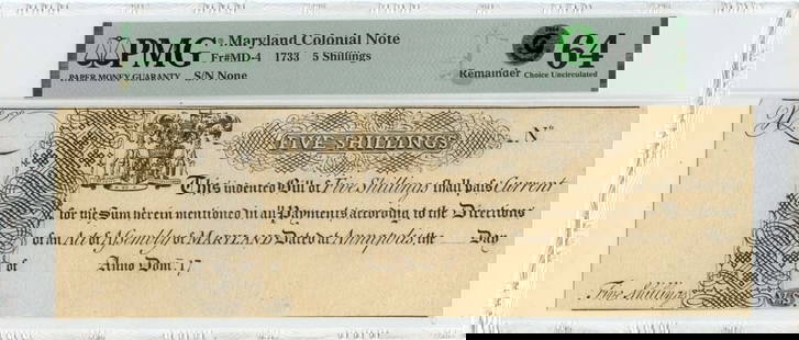 1733 Maryland Colonial 5 Shillings Note PMG MS64 Uncirculated: 1733 Maryland Colonial 5 Shillings Note PMG MS64 Uncirculated This 1733 Maryland Colonial Note is a stunning piece of history, featuring a denomination of 5 Shillings. Certified by PMG with a grade of