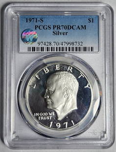 1971 Eisenhower Dollar 40% Silver PR-70 DCAM San Francisco Sight White: 1971 Eisenhower Dollar 40% Silver PR-70 DCAM San Francisco Sight White This 1971 Eisenhower Dollar features a stunning 40% silver composition and has achieved a remarkable PR-70 DCAM grade from PCGS,