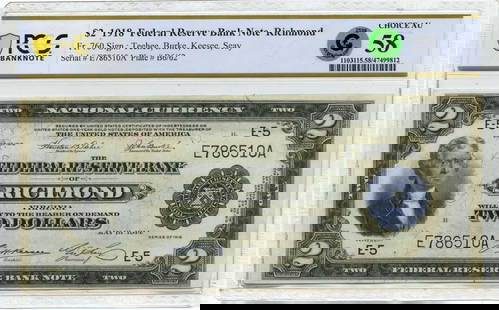 1918 $2 Federal Reserve Note Richmond VA PCGS AU58 Certified: 1918 $2 Federal Reserve Note Richmond VA PCGS AU58 Certified This 1918 $2 Federal Reserve Bank Note from Richmond, VA is certified by PCGS with a grade of AU58. It has been circulated and features the