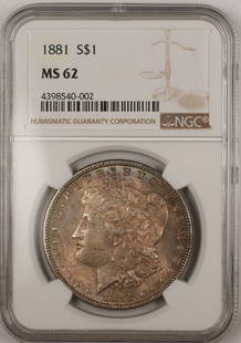 1881 NGC MS62 Morgan Silver Dollar Coin Toned Uncirculated: 1881 NGC MS62 Morgan Silver Dollar Coin Toned Uncirculated This 1881 Morgan Silver Dollar Coin is a remarkable example of American numismatic history, certified by NGC at a grade of MS 62. Minted in P