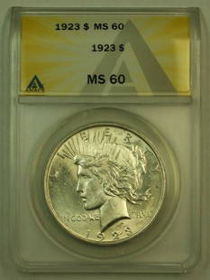 1923 Peace Silver Dollar ANACS MS 60 Uncirculated Coin: 1923 Peace Silver Dollar ANACS MS 60 Uncirculated Coin This 1923 Peace Silver Dollar is a remarkable piece of numismatic history, certified by ANACS with a grade of MS 60. Struck at the Philadelphia M