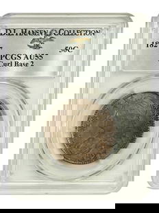 1827 Capped Bust Half Dollar 50C PCGS AU55 Curl Base 2: 1827 Capped Bust Half Dollar 50C PCGS AU55 Curl Base 2 This 1827 Capped Bust Half Dollar features a PCGS certification with a grade of AU55, indicating it is in circulated condition while still showca