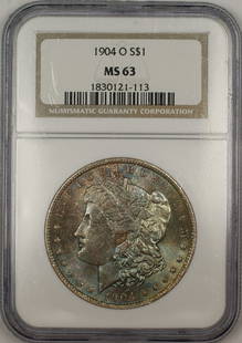 1904-O NGC MS63 Toned Morgan Silver Dollar Coin: 1904-O NGC MS63 Toned Morgan Silver Dollar Coin This 1904-O Morgan Silver Dollar is a stunning collectible, graded MS 63 by NGC, ensuring its quality and authenticity. Struck in 1904 at the New Orlean