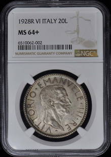 1928R VI Italy KM-69 20 Lire Coin NGC MS64+: 1928R VI Italy KM-69 20 Lire Coin NGC MS64+ This 1928R VI Italy KM-69 20 Lire coin is certified by NGC with a high grade of MS64+. It is in uncirculated condition, showcasing its remarkable quality an