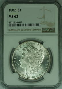 1882 NGC MS62 Morgan Silver Dollar Uncirculated Coin: 1882 NGC MS62 Morgan Silver Dollar Uncirculated Coin This 1882 Morgan Silver Dollar is a remarkable example of American coinage. Certified by NGC with a grade of MS 62, this uncirculated coin was mint