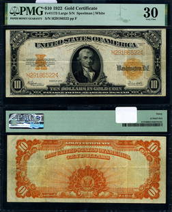 1922 $10 Gold Certificate PMG VF30 Circulated Currency: 1922 $10 Gold Certificate PMG VF30 Circulated Currency This 1922 $10 Gold Certificate is a notable piece of currency history, certified by PMG with a grade of VF30. The note has been circulated, showc