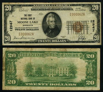 1929 T-1 $20 National Bank Note Moose Lake MN First NB: 1929 T-1 $20 National Bank Note Moose Lake MN First NB This 1929 T-1 National Bank Note features a denomination of $20 and is graded as Fine. It is a circulated note from the First National Bank, with