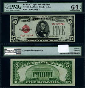 1928 $5 Legal Tender Note B-A Block PMG CU64 EPQ: 1928 $5 Legal Tender Note B-A Block PMG CU64 EPQ This 1928 $5 Legal Tender note features a grade of CU64 EPQ, indicating it is in uncirculated condition with premium paper quality as certified by PMG.