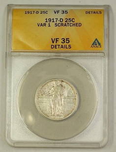 1917-D Standing Liberty Silver Quarter 25c ANACS VF-35 Denver Mint: 1917-D Standing Liberty Silver Quarter 25c ANACS VF-35 Denver Mint This 1917-D US Standing Liberty Silver Quarter is a remarkable collectible coin with a denomination of 25 cents. It has been certifie