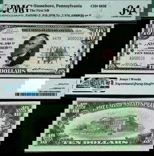 1929 Ty 2 $10 National Bank Note Stoneboro PA PMG CU64 EPQ: 1929 Ty 2 $10 National Bank Note Stoneboro PA PMG CU64 EPQ This 1929 Ty 2 National Bank Note from Stoneboro, PA is a remarkable collectible piece, graded CU64 EPQ Choice by PMG. This uncirculated $10