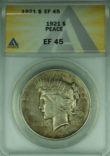 1921 Peace Silver Dollar ANACS EF-45 Philadelphia Coin: 1921 Peace Silver Dollar ANACS EF-45 Philadelphia Coin This 1921 Peace Silver Dollar, certified by ANACS with a grade of EF-45, is a remarkable example of U.S. coinage. Minted in Philadelphia, this si