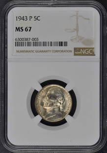 1943 Jefferson Nickel NGC MS67 Philadelphia Mint Coin: 1943 Jefferson Nickel NGC MS67 Philadelphia Mint Coin This 1943 Jefferson Nickel is certified by NGC, showcasing a remarkable grade of MS67, indicating its uncirculated condition. Minted in Philadelph