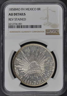 1858 Mexican 8 Reales Coin NGC AU Details Certified: 1858 Mexican 8 Reales Coin NGC AU Details Certified This is an 1858 Mexican 8 Reales coin, certified by NGC with a grade of AU Details. The coin is in uncirculated condition, showcasing its historical
