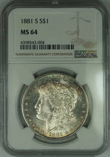 1881-S NGC MS-64 Morgan Silver Dollar Coin Uncirculated: 1881-S NGC MS-64 Morgan Silver Dollar Coin Uncirculated This 1881-S $1 Morgan Silver Dollar Coin is a stunning piece certified by NGC with a grade of MS-64, indicating its uncirculated condition. Mint