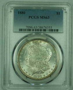 1880 Morgan Silver Dollar PCGS MS63 Uncirculated Lightly Toned Coin: 1880 Morgan Silver Dollar PCGS MS63 Uncirculated Lightly Toned Coin This 1880 Morgan Silver Dollar is a stunning example certified by PCGS with a grade of MS 63, indicating its uncirculated condition.