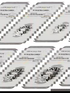 1999 Platinum Statue of Liberty Set NGC PR70DCAM 4 Coins: 1999 Platinum Statue of Liberty Set NGC PR70DCAM 4 Coins This set features four uncirculated coins from the 1999 Platinum Statue of Liberty series, graded PR70DCAM by NGC. Each coin is struck from pla