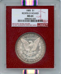 1885 Morgan Silver Dollar NGC MS 65 Redfield Hoard San Francisco: 1885 Morgan Silver Dollar NGC MS 65 Redfield Hoard San Francisco This 1885 Morgan Silver Dollar is a remarkable piece from the Redfield Hoard, certified by NGC with a grade of MS 65. Struck at the San