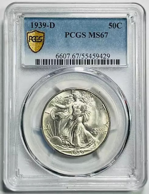 1939 D Walking Liberty Half Dollar PCGS MS67 Uncirculated Silver Coin: 1939 D Walking Liberty Half Dollar PCGS MS67 Uncirculated Silver Coin This 1939 D Walking Liberty Half Dollar is certified by PCGS with a grade of MS 67, indicating it is in uncirculated condition. St