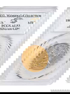 1865-S $10 Liberty Head Gold Coin PCGS AU53 Inverted Date Variety: 1865-S $10 Liberty Head Gold Coin PCGS AU53 Inverted Date Variety This 1865-S $10 Liberty Head gold coin, certified by PCGS with a grade of AU53, showcases a unique variety where the date digits were
