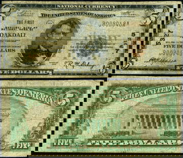 1929 T-1 $5 National Bank Note Oakdale PA Ch #5327 Fine: 1929 T-1 $5 National Bank Note Oakdale PA Ch #5327 Fine This is a $5 National Bank Note from Oakdale, Pennsylvania, issued in 1929 (Type T-1). The note is in Fine condition and has been circulated. It
