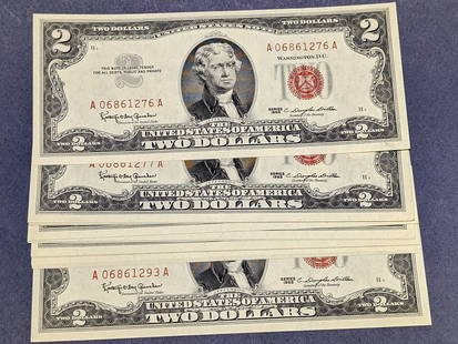 1963 $2 Legal Tender Notes Lot of 18 Gem Uncirculated: 1963 $2 Legal Tender Notes Lot of 18 Gem Uncirculated This lot features 18 pieces of the $2 Legal Tender notes from 1963, all in Gem Uncirculated condition. These notes are a remarkable addition for c