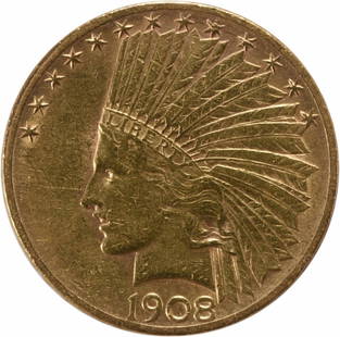 1908-S $10 Gold Indian Coin by Augustus Saint Gaudens AU: 1908-S $10 Gold Indian Coin by Augustus Saint Gaudens AU This 1908-S $10 Gold Indian coin, designed by Augustus Saint Gaudens, features a striking design that reflects the artistry of early 20th-centu