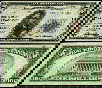 1929 T-2 $5 National Bank Note Portsmouth Ohio VF+: 1929 T-2 $5 National Bank Note Portsmouth Ohio VF+ This is a $5 National Bank Note from Portsmouth, Ohio, issued in 1929 (Type T-2). The note is in Very Fine (VF+) condition, indicating it has been ci