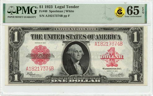 1923 $1 Legal Tender Note PMG MS65 EPQ Red Scalloped Design: 1923 $1 Legal Tender Note PMG MS65 EPQ Red Scalloped Design This 1923 $1 Legal Tender note features a small red scalloped design and is in uncirculated condition, graded MS65 by PMG with the designati