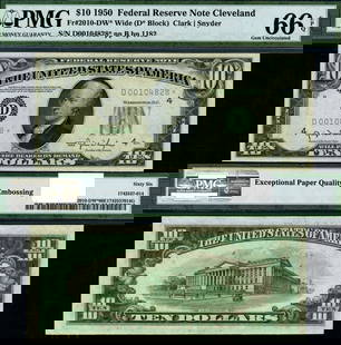 1950 $10 Federal Reserve Note Cleveland D-* Block Gem PMG CU66: 1950 $10 Federal Reserve Note Cleveland D-* Block Gem PMG CU66 This is a 1950 Federal Reserve Note with a denomination of $10, specifically from the Cleveland D-* Block. It is graded as a Gem CU66 by