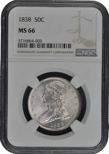 1838 Capped Bust Half Dollar NGC MS66 Reeded Edge Uncirculated: 1838 Capped Bust Half Dollar NGC MS66 Reeded Edge Uncirculated This stunning 1838 Capped Bust Half Dollar features a reeded edge and has been graded MS66 by NGC, signifying its uncirculated condition.