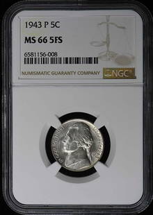 1943 Jefferson Nickel NGC MS66 5FS Philadelphia Mint Uncirculated: 1943 Jefferson Nickel NGC MS66 5FS Philadelphia Mint Uncirculated This 1943 Jefferson Nickel is a remarkable piece certified by NGC, featuring an uncirculated condition with a high grade of MS66. Stru