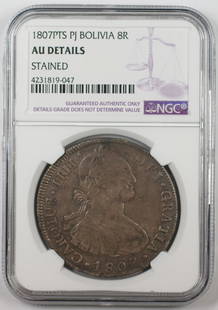 1807 Bolivia 8 Reales Silver Coin NGC AU Details Certification: 1807 Bolivia 8 Reales Silver Coin NGC AU Details Certification This 1807-PTS PJ Bolivia 8 Reales Silver Coin features a denomination of 8 Reales and is certified by NGC with an AU Details grade. The c