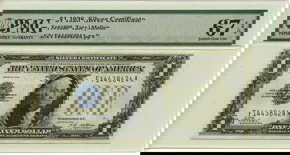 1928 $1 Silver Certificate Blue Tate Mellon PMG 67 EPQ Type 1600: 1928 $1 Silver Certificate Blue Tate Mellon PMG 67 EPQ Type 1600 This 1928 $1 Silver Certificate, designated as type 1600, is graded as PMG SUPERB GEM 67 EPQ, reflecting its exceptional condition. The