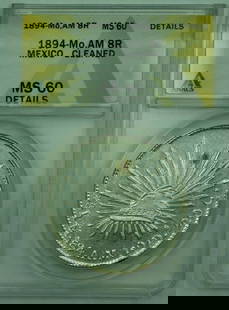 1894-Mo 8 Reales Silver Coin ANACS MS-60 Second Republic: 1894-Mo 8 Reales Silver Coin ANACS MS-60 Second Republic This 1894-Mo 8 Reales coin from Mexico is a remarkable specimen, certified by ANACS with a grade of MS-60. It belongs to the Second Republic pe