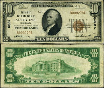 1929 T-1 $10 National Bank Note Sleepy Eye MN Fine+: 1929 T-1 $10 National Bank Note Sleepy Eye MN Fine+ This $10 National Bank Note from Sleepy Eye, Minnesota, was issued in 1929 (Type T-1) and is classified as Fine+ condition. It is a circulated bankn