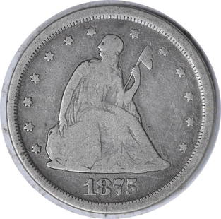 1875-S Twenty Cent Silver Coin VG Uncertified William Barber Design: 1875-S Twenty Cent Silver Coin VG Uncertified William Barber Design This 1875-S Twenty Cent Silver Piece is a remarkable collectible coin featuring the design of William Barber. It is certified as Unc