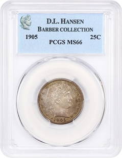 1905 Barber Quarter 25C PCGS MS66 Uncirculated D.L. Hansen Collection: 1905 Barber Quarter 25C PCGS MS66 Uncirculated D.L. Hansen Collection This 1905 Barber Quarter, certified by PCGS with a grade of MS66, is a stunning example of numismatic craftsmanship. Struck at the